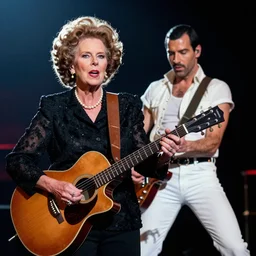 photograph of margaret thatcher playing guitar on stage with freddie mercury