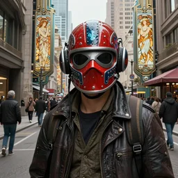 vibrant portrait of masked diesel punk helmet on the art deco streets of the big city, artstation, award - winning realistic sci - fi concept art by jim burns and greg rutkowski, beksinski, a realism masterpiece, muted colors, james gilleard, bruegel, alphonse mucha, and yoshitaka amano