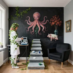 a female pathology student in her apartment, wrapped in vines, medical equipment, stepping stones, octopus, pig, black walls, ikebana, black armchair, sculpture, acrylic on canvas, surrealist, by magritte and monet