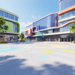 wide angle colorful shot of a modern square, hyper detailed, trending on artstation, octane render,