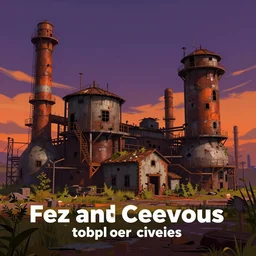 an abandoned overgrown factory in the style of fez and celeste, atmospheric, orange and purple color scheme