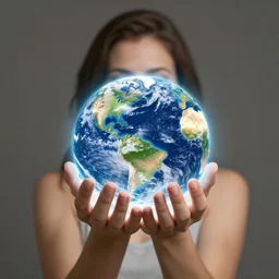 woman holding the planet earth in her hands up to her face, glowing