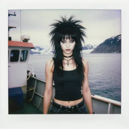 black - haired girl with wild spiky black saiyan hair with long bangs over her eyes, hair bangs down to nose, goth hair, muscular, wearing casual clothing, standing on an alaskan fishing vessel, mekoryuk, alaska, 1 9 6 5, polaroid, kodachrome, grainy photograph