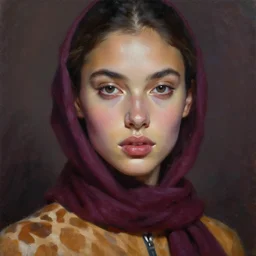 dreamy detailed portrait in femininity, realistic face sculpted features, ethnic, deep clear eyes, statuesque, gazelle - like, flight suit and scarf, cinematic lighting, chiaroscuro, radiant, smooth skin tones, reflections, berry color palette, brushy impressionism, contemporary fashion, deep rich hues, oil on canvas