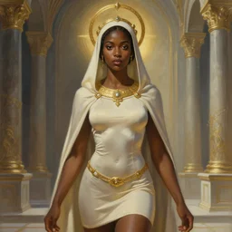 painting of alluring cleric black woman in the holy temple, beautiful face, skintight tunic and miniskirt, light, circlet, golden accessories, high fantasy, dnd, smooth, sharp focus, award - winning, masterpiece, extremely detailed, intricate, art by rebecca guay, rossdraws