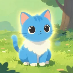 illustration of glowing very cute blue cat, grassy field and tree, beautiful detailed concept art, artstation, warrior cats, shading,