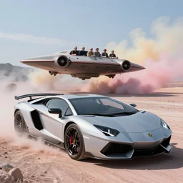 close - up lamborghini space starship landed behind to a car, beautiful background landscape, colored pastel powder plumes, ludek pesek, rick guidice, chesley bonestell, lucien rudaux, rolf klep, fred freeman, george pal