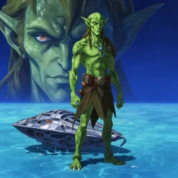 a green tiefling stands beside his wrecked spelljammer at the bottom of the ocean where all the water has dried up leaving only an endless cerulean desert beneath a starless sky, kyoto animation still, finely illustrated face, intricately detailed features, digital painting, makoto shinkai, painted by ilya kuvshinov and katsura masakazu and alphonse mucha and satoshi