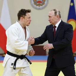 “judo fight between Elon Musk and Vladimir Putin, 4K image”