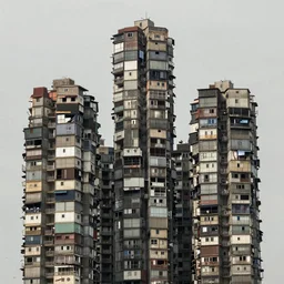 many intertwined high towers with stacked makeshift squatter shacks with muted tones, uniform plain sky, mamiya, very sharp, very detailed, photographed by cristina de middel