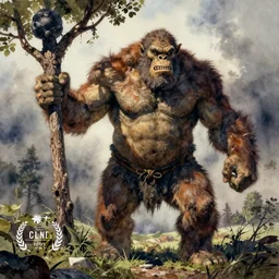 a watercolour painting of a giant ogre using a tree for a club