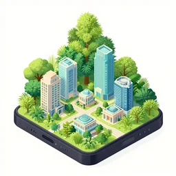 ( ( dither ) ), editorial illustration portrait of an isometric iphone village with lush foliage overgrowth, modern art deco, ( ( mads berg ) ), christopher balaskas, victo ngai, rich grainy texture, detailed, dynamic pose, matte print, art nouveau, unreal engine, risograph, halftone dots