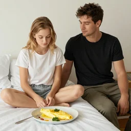 Eva Elfie is waiting for her boyfriend in the bedroom for a morning omelet