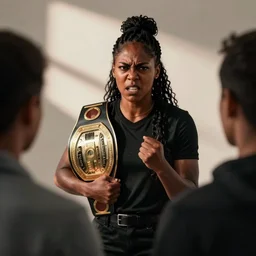 color photo of an angry black female champion talking with audience, soft lighting, worm tone.