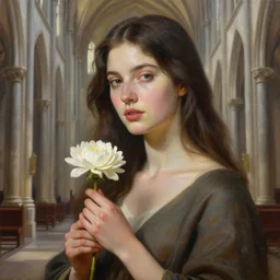 beautiful oil matte portrait painting, woman holding a flower inside a cathedral, wonderful masterpiece highly detailed, beautiful cinematic light deep focus, elegant, digital painting, smooth, sharp focus, golden ratio, dramatic illumination, ultra realistic, 8 k, art by artemisia lomi gentileschi and caravaggio