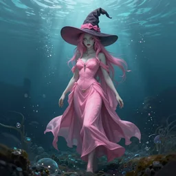 pink vampire cecaelia, witch hat, witch hat, underwater, digital painting, full body, clothed, photorealistic, cinematic, detailed