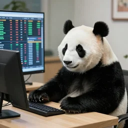a panda in a suit trading stocks on a computer