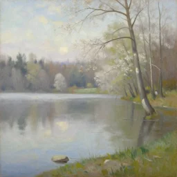 a painting of the most beautiful lake in the spring morning, by vilhelms purvitis, oil on canvas