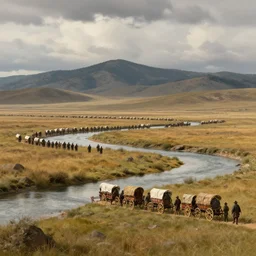 a pack of settlers with covered wagons are crossing american plains with a small riverbed, mountaineous background, cloudy day, highly detailed, digital art, by greg rutkowski, by albert bierstadt