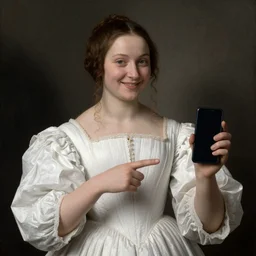renaissance painting of a lady in a white dress smiling at the camera whilest holding and pointing towards a smartphone.