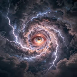 spiral made of lightning, surrounded by dark clouds, eye in center, mystical, artstation, sunshine reflecting, stormy, colorful
