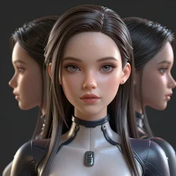 full portrait of a beautiful female dollpunk with thin lustrous hair wearing a bodysuit, reflections, focus, detailed, realistic eyes, symmetric features proportions, intricate facial skin details, award winning, trending in cgsociety artstation deviant art, octane render, byTom Bagshaw