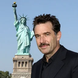 a high resolution photo of walter benjamin near the statue of liberty in new york, medium shot, midday, iphone 1 1 selfie, in the style of terry richardson.