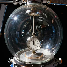 photo of a torsion pendulum clock in its glass dome floating inside a space station. highly - detailed, fish - eye lens, award - winning