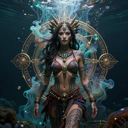 a centered full body render of alluring festival hippies with tribal tattoos surrounded by a underwater ink pour and flowing liquid galium and sacred geometry, perfect face, powerful, cinematic, beautifully lit, by artgerm, by karol bak, by viktoria gavrilenko, 3 d, trending on artstation, octane render, 8 k