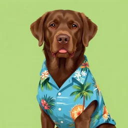 a brown labrador with a hawaii shirt, artwork by don bluth,