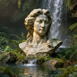 photorealistic rendering of bust made of stone with waterfall hair, octane renderer, redshift, photorealism, hyperdetailed, overgrown, small lake with reflections, dynamic lights, cinematic, movie still, golden ratio