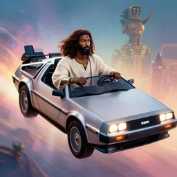3 d vfx - drew struzan movie poster - art of an african jesus in a flying delorean, art style by james jean & ernie barnes, unreal engine render, digital illustration, sharp, intricate detail, volumetric lighting, ray tracing, soft light, colourful, pinterest, artstation, behance
