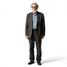 weathered professor with glasses, photorealistic portrait photography, full body, standing, isolated on a pure white background, centered, whole figure in frame, sharp focus, studio lighting