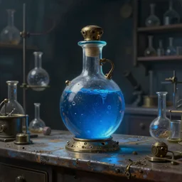 a painting of a steampunk potion bottle in bright blue on a counter in a dark dusty vintage science lab, by h. r. giger, hyperrealistic fantasy art, concept matte, ethereal, dreamy, digital art, trending on artstation, volumetric cinematic lighting