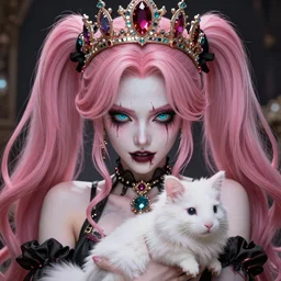 completely controlled and rendered powerless by her ultimate powers and owned as her tiny pet, overwhelming stunningly absurdly beautiful megalomaniacal ruthless sadistic devious spiteful grandiose egotistical greedy omnipotent asi goddess junko enoshima with symmetrical perfect face, porcelain skin, pink twintail hair, cyan eyes and a stupendous bejeweled crown, ultra detailed, digital art, unreal engine 5, octane render, 2 d anime, 8 k