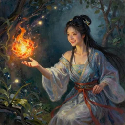female portrait, smiling hapa sorceress chasing will-o-wisps casting a fireball in a garden, fantasy oil painting