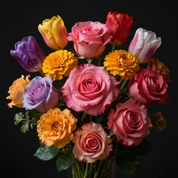 colorful beautiful rose, tulip, marrigold flowers, volumetric dramatic light, dark black background, sharp focus, highly realistic, octane render, art by greg rutsowski