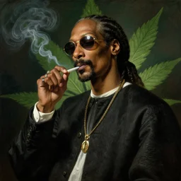 high quality celebrity painting of rap artist snoop dog smoking, by the old dutch masters, marijuana leaf background, rembrandt, hieronymous bosch, frans hals