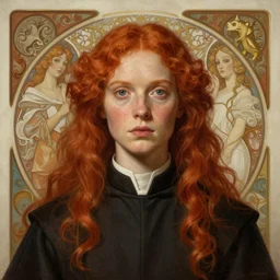 portrait of redhead cleric , very very intricate, very very elegant, highly detailed, lifelike, photorealistic, digital painting, artstation, illustration, concept art, smooth, HR GIGER , Hieronymous Bosch, Francis Bacon sharp focus, art by Greg Rutkowski and John Collier and Albert Aublet and Krenz Cushart and Artem Demura and Alphonse Mucha