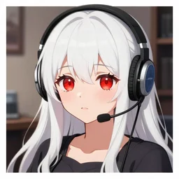anime visual of a cute girl, with + ( ( red eyes ) ) + long white hair + ( ( wearing a headset in her room interior ) ), poster by ilya kuvshinov, trending on pixiv fanbox, finely detailed perfect face