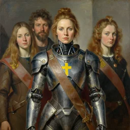 portrait of swedish woman wearing tabard over cybernetic power armor. intricate painting by ross tran, magali villeneuve, and jeremy mann.