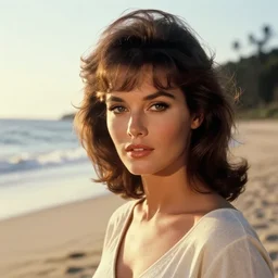 A hyper realistic and detailed head portrait photography of Ursula Andress of Dr No walking on a secluded beach. by Cameron Hammond. 1980s art deco revival style. Cinematic. Golden Hour. Kodak Portra 400. Lens flare. 85mm lens