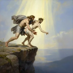 an amazing realistic painting of cain pushing abel from the edge of a cliff with a divine light in the sky, majestic mountains in the background, very detailed, painting by ilya repin, beautiful art, smooth, elegant, intricate, vibrant, colorful