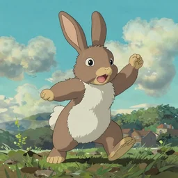 a lop rabbit, standing up, by studio ghibli painting, by Susan Windsor, by Joaquin Sorolla rhads Leyendecker, An aesthetically pleasing, dynamic, energetic, lively, well-designed digital art, by Ohara Koson and Thomas Kinkade, traditional Japanese colors, superior quality, masterpiece