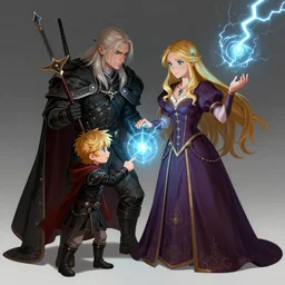 Little Geralt and little Yennefer play together, Yennefer using magic spell, digital art by greg rutkowsky, masterpiece, balanced colors HD, artstation, volumetric lightning