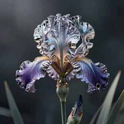 an iris flower made of metal, cybertronic, shiny