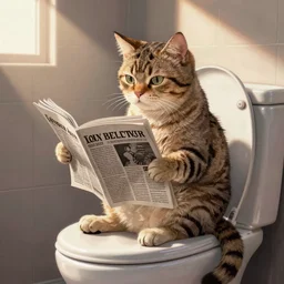 a cat sitting on toilet reading newspaper, cute illustration, comic style, very detailed, trendy on artstation
