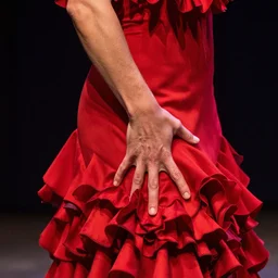 spanish flamenco dancer in mallorca wearing a red dress made of flowers, dimly lit, photo realistic, extreme detail skin, no filter, slr, 4 k, high definition