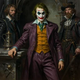 realistic renaissance full figure portrait painting of a lee bermejo joker in dark dungeon, jodhpurs greg manchess painting by sargent and leyendecker, studio ghibli, medium shot asymmetrical intricate elegant illustration hearthstone, by greg rutkowski by greg tocchini by craig mullins