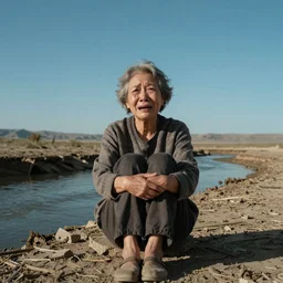 65-year-old tree-woman crying one single tear, facing the camera and sitting on a dried up river in a desolate land, blue sky, hot and sunny, highly-detailed, elegant, dramatic lighting, artstation, 4k, cinematic landscape, photograph